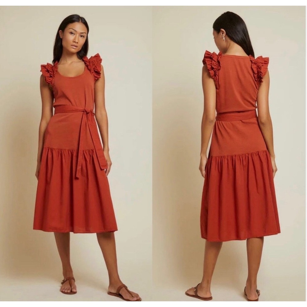 Nation LTD Ruffled Midi Dress Rust Orange‎ Cotton Slub Scoop Neck Belted Small